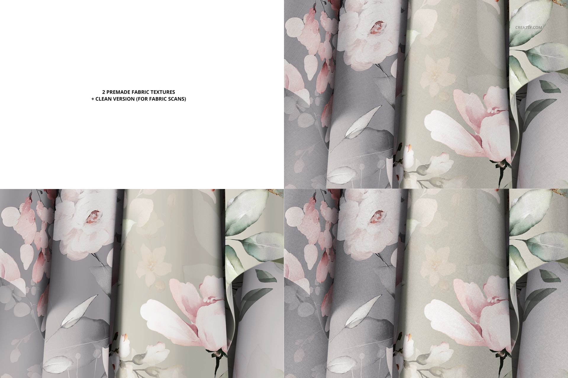 PSD mockup displaying multiple fabric samples with botanical designs, positioned vertically and viewed head-on.