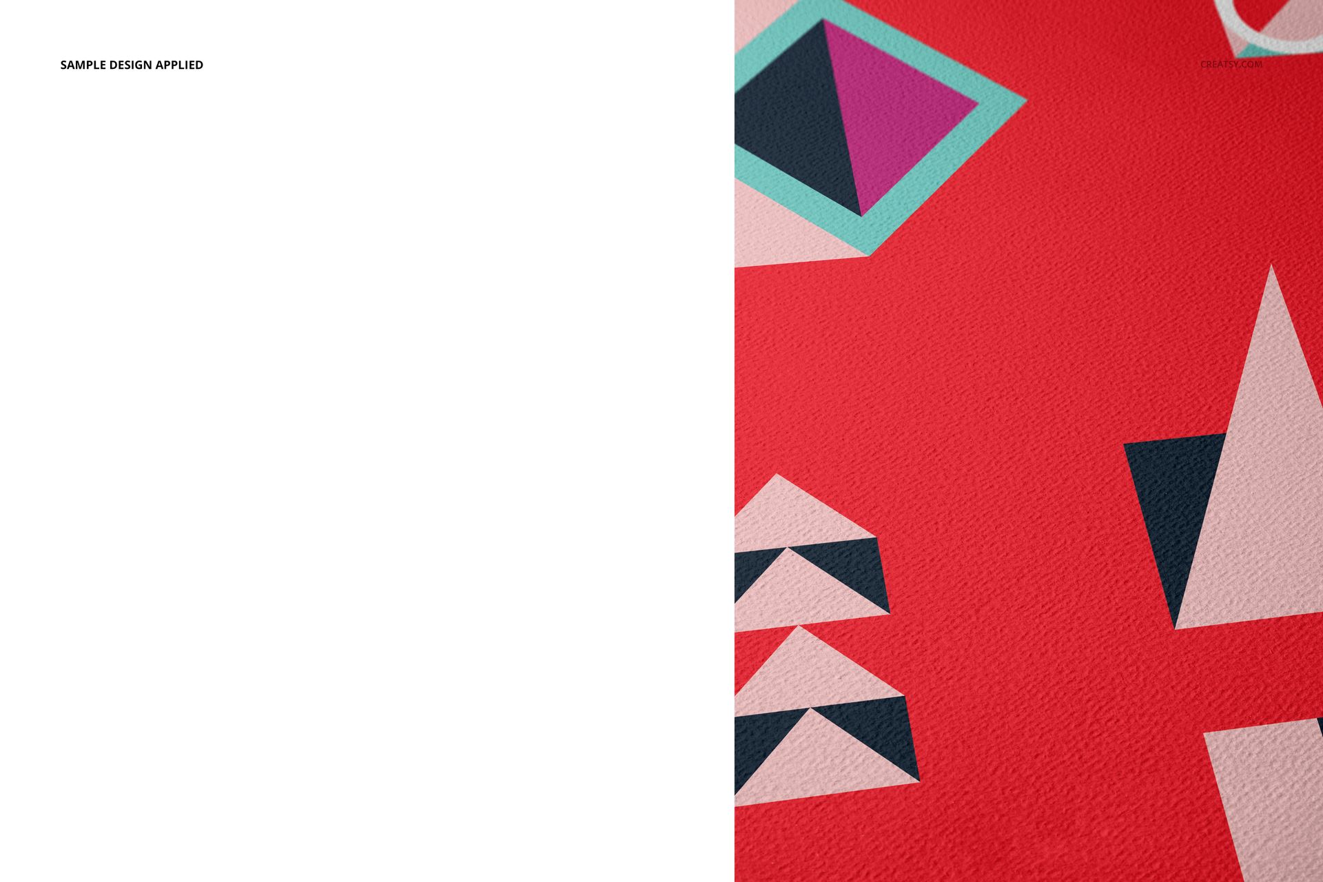 Top view of a fine art print mockup on textured paper, featuring geometric shapes in pink, teal, and black on red.