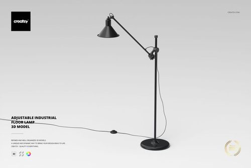 Adjustable industrial floor lamp in matte black with a round base, angled arm, and conical shade, shown on a light background.