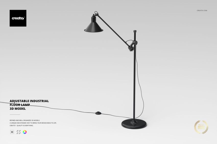 Adjustable industrial floor lamp in matte black with a round base, angled arm, and conical shade, shown on a light background.