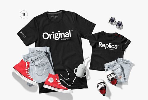 Mockup set displaying matching black t-shirts labeled 'Original' and 'Replica', styled with denim pants and accessories.