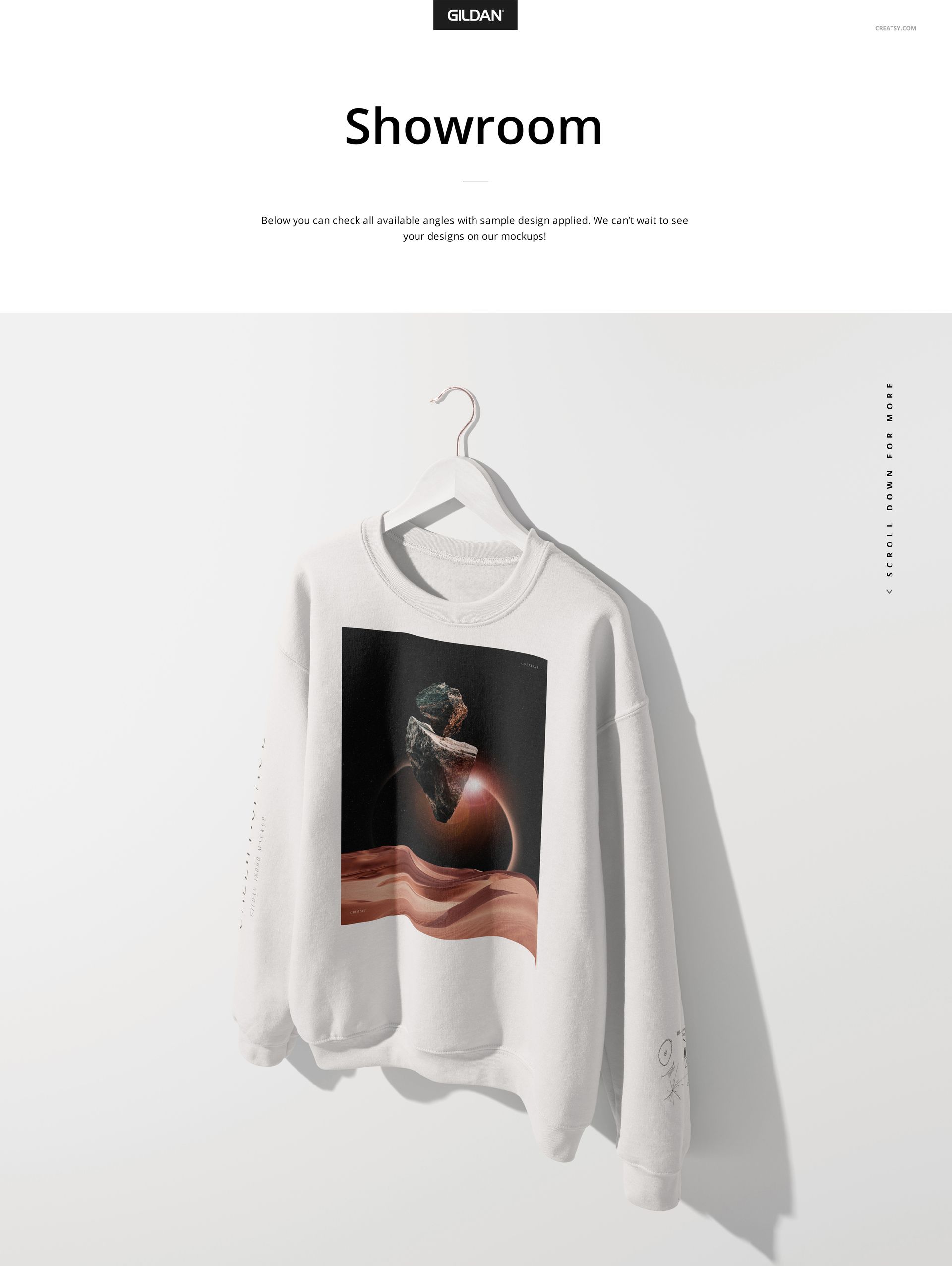 Front view of a light-colored adult sweatshirt mockup on a hanger, featuring a rectangular graphic print on the chest.