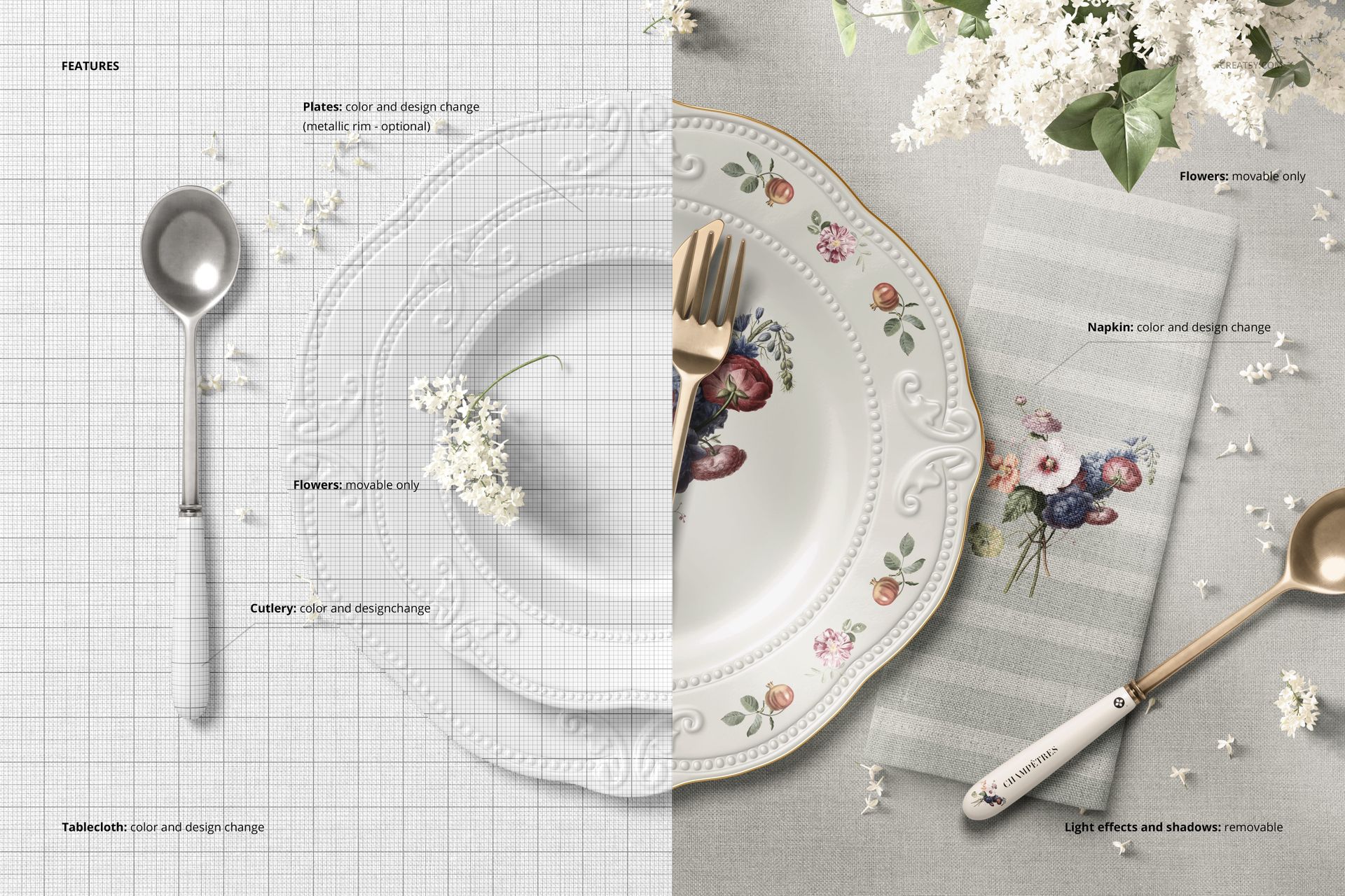 Top view of a classic placemat mockup featuring a decorative plate, striped napkin, cutlery, and white flowers on a gray surface.