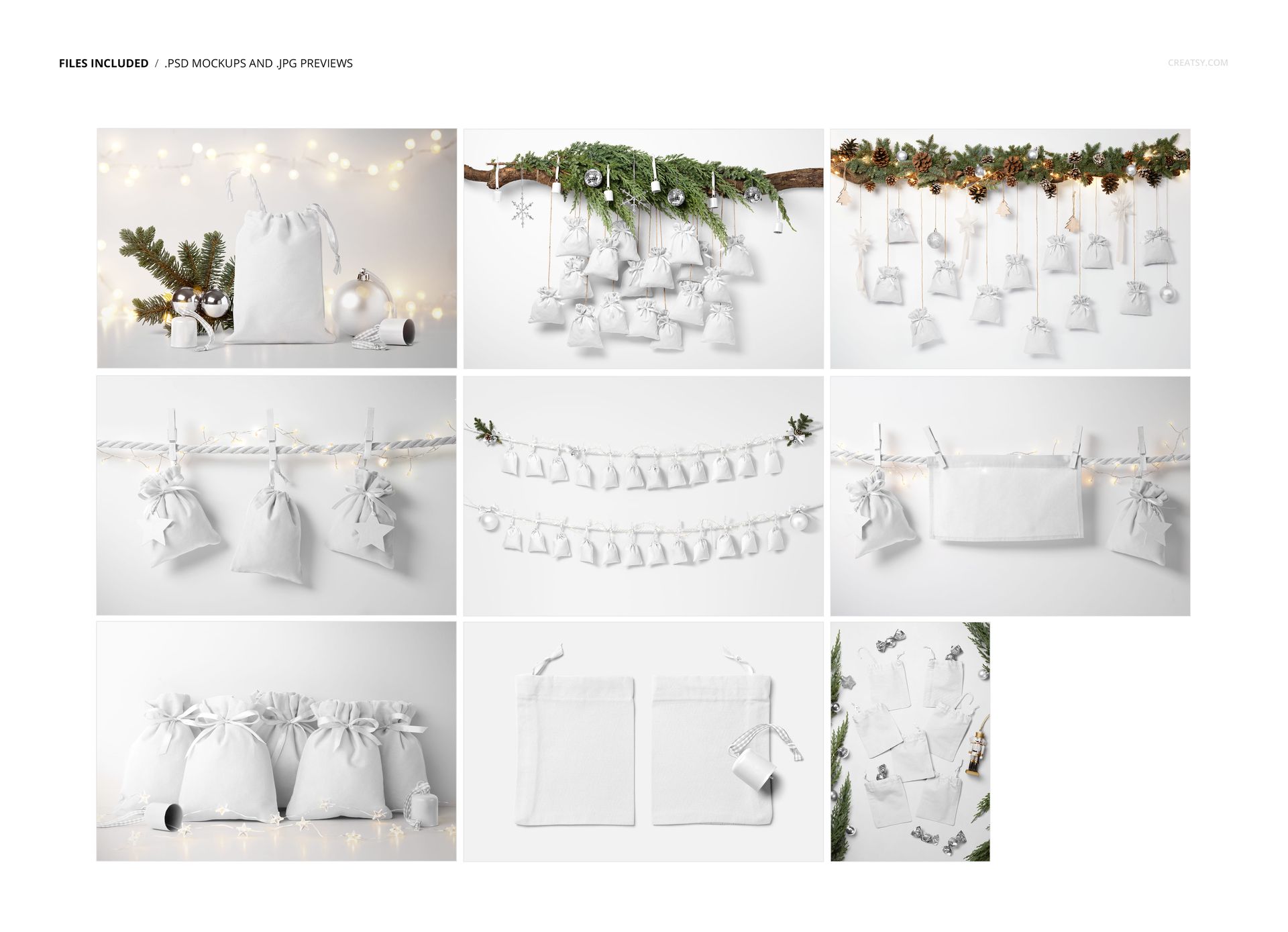 Christmas drawstring sacks displayed as an advent calendar mockup, featuring white fabric bags hung on string and branches.