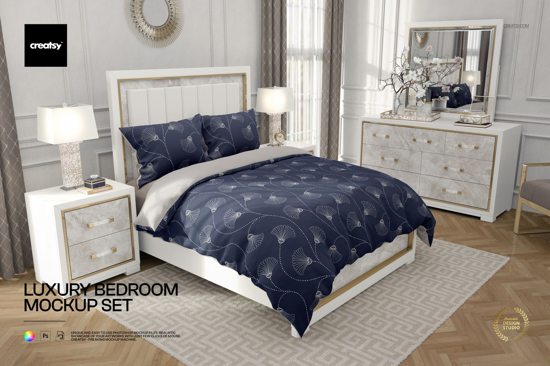 Elegant bedroom mockup with geometric navy bedding, white furniture, and decorative wall accents in a bright room.