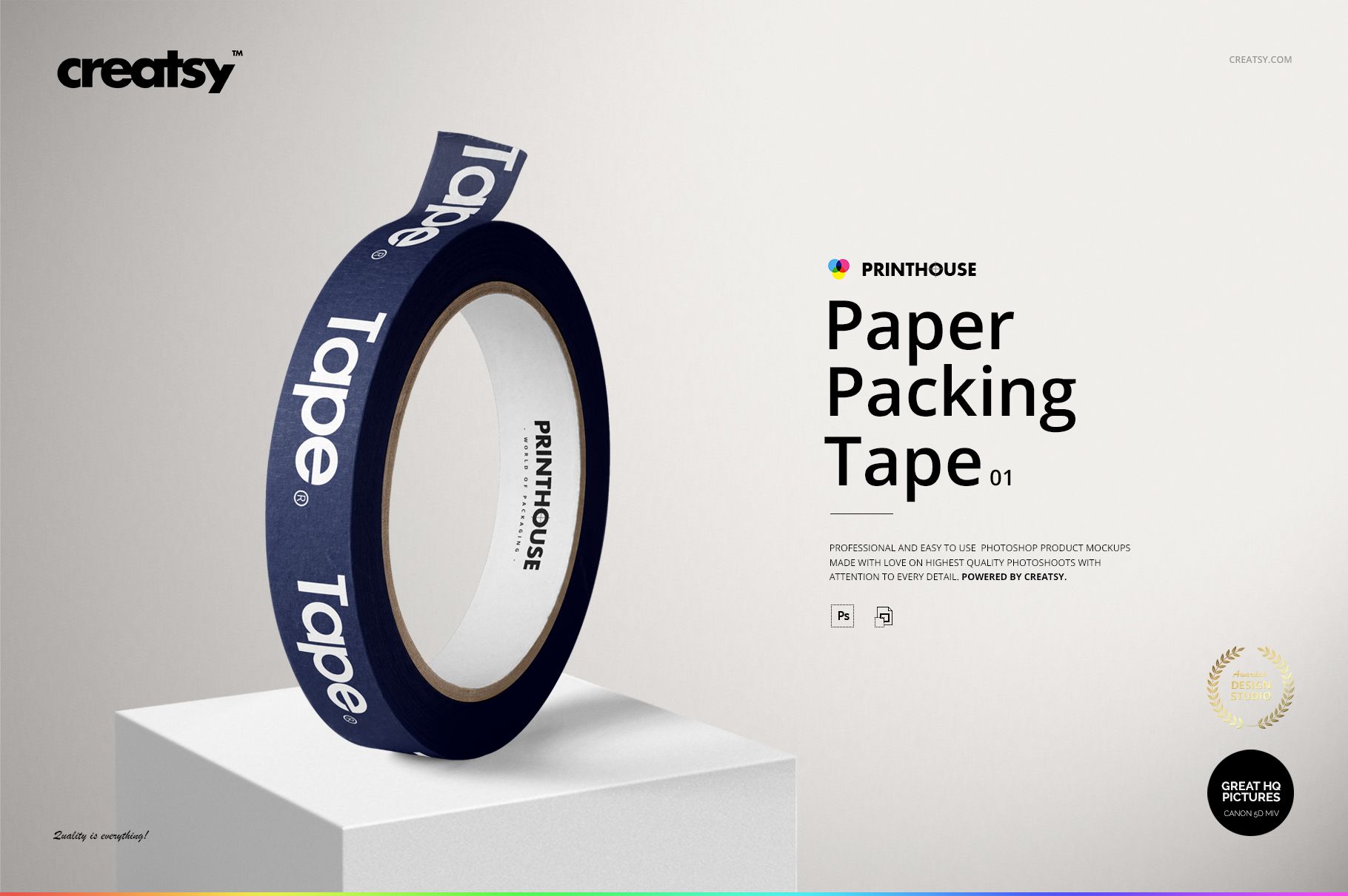 Packing tape mockup featuring a navy blue roll with bold white lettering, positioned vertically on a light pedestal.