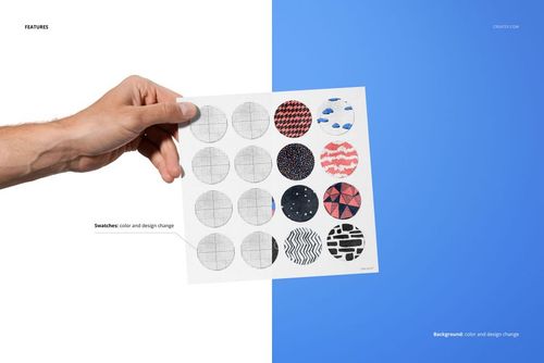 Hand holding a velvet swatches card mockup featuring sixteen round fabric samples with various patterns on a split white and blue background.