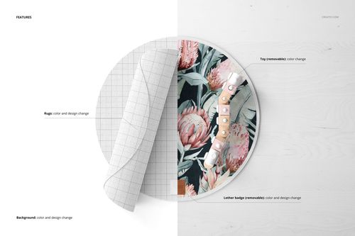 Round knitted rug mockup displayed on a light wooden surface, featuring a split design with floral and grid patterns.