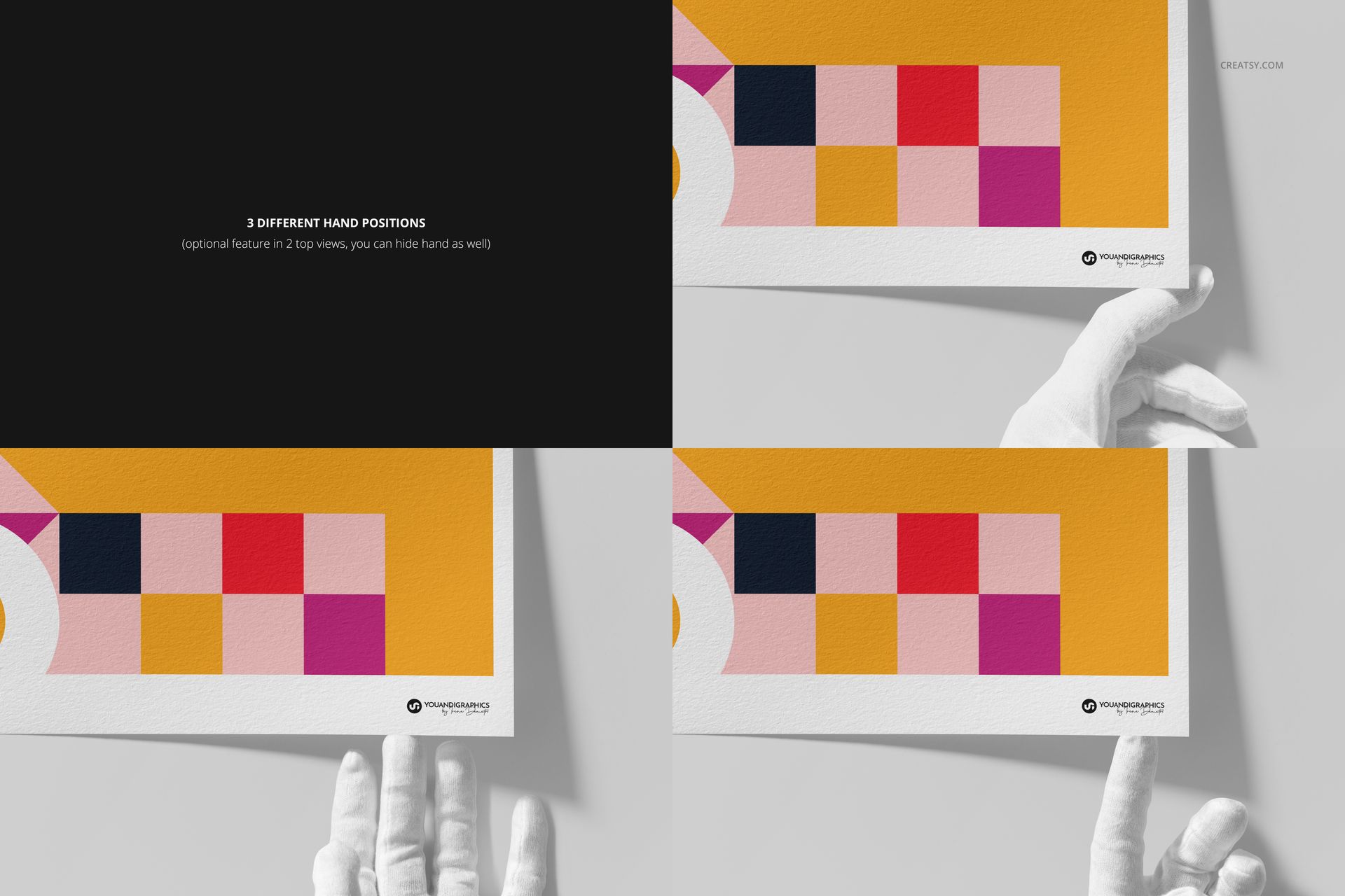 A3 fine art print mockup featuring a geometric pattern in pink, red, orange, and navy, shown with three hand positions.