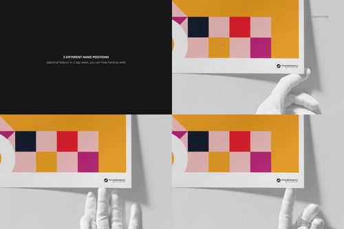 A3 fine art print mockup featuring a geometric pattern in pink, red, orange, and navy, shown with three hand positions.