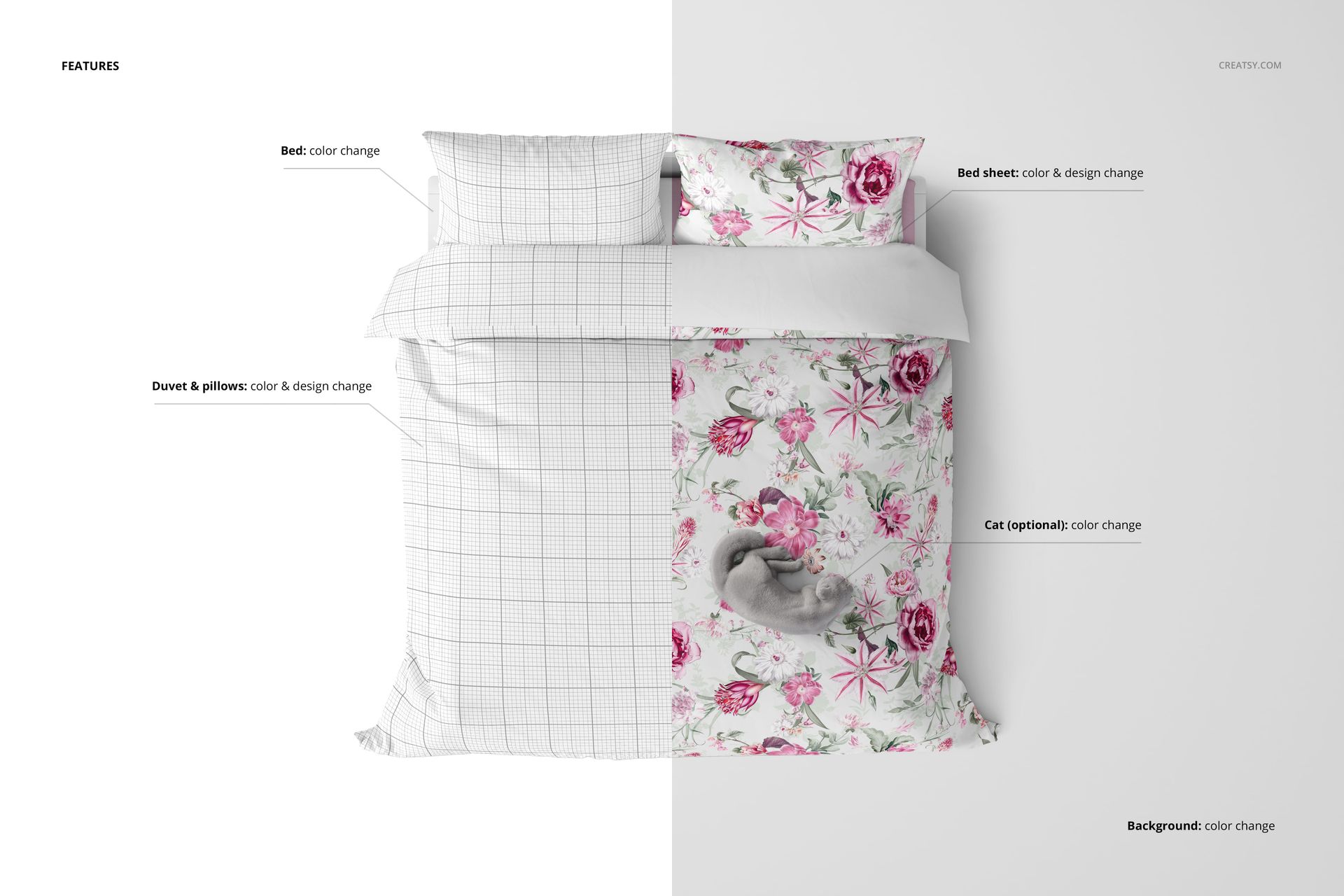 Top view of a bedding mockup set with duvet and pillow covers, half in grid pattern and half in floral design.