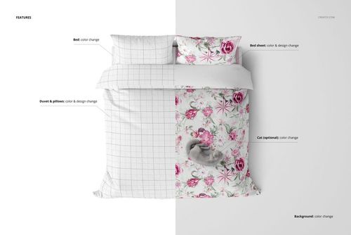 Top view of a bedding mockup set with duvet and pillow covers, half in grid pattern and half in floral design.