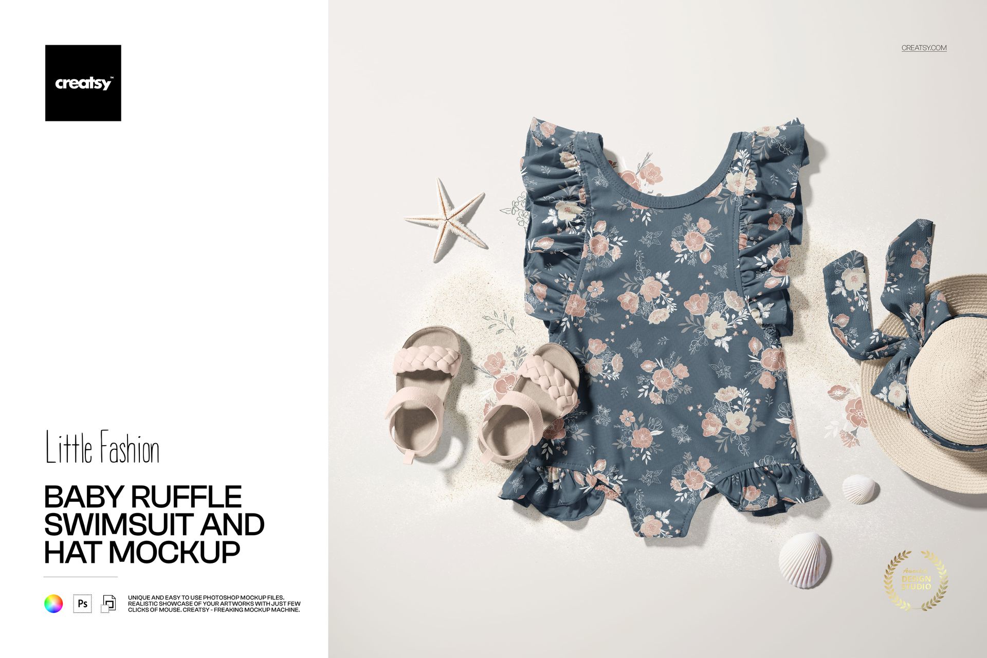 PSD mockup of a baby ruffle swimsuit and hat with floral print, styled with sandals, shells, and a sandy backdrop.