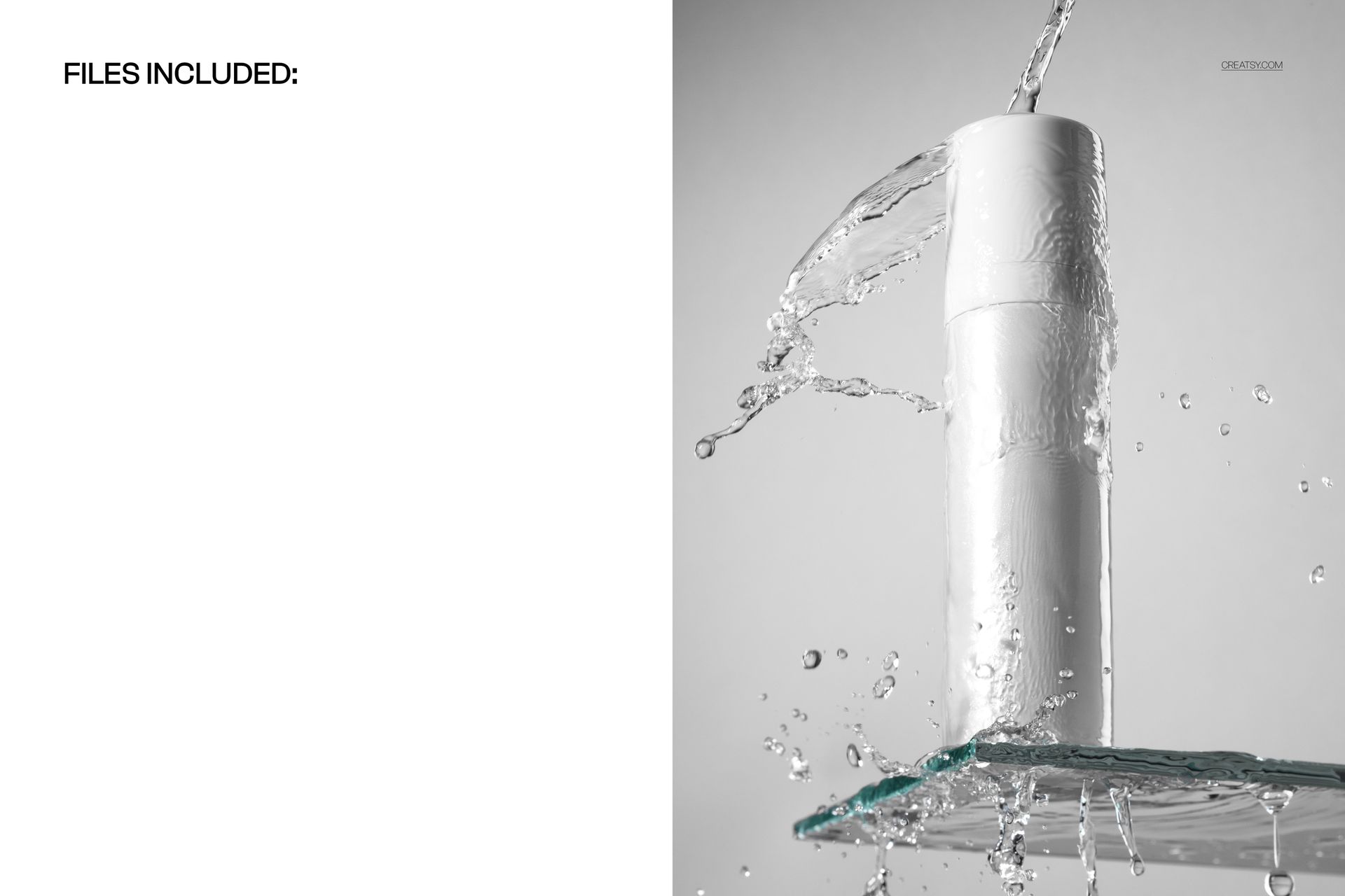White cylindrical pump bottle displayed upright on clear glass, surrounded by dynamic water splash effects in a mockup scene.