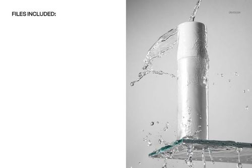 White cylindrical pump bottle displayed upright on clear glass, surrounded by dynamic water splash effects in a mockup scene.