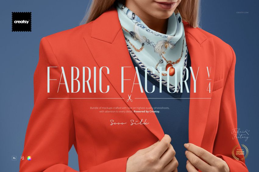 Woman dressed in a vivid orange blazer and printed scarf, highlighting fabric design for a PSD mockup bundle.