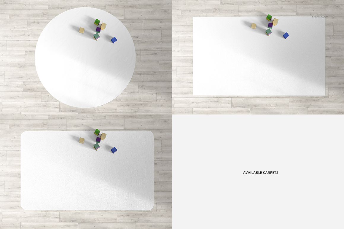 Kids room carpet mockup showing three carpet shapes—round, square, and rectangle—on a light wood floor with small colorful blocks.