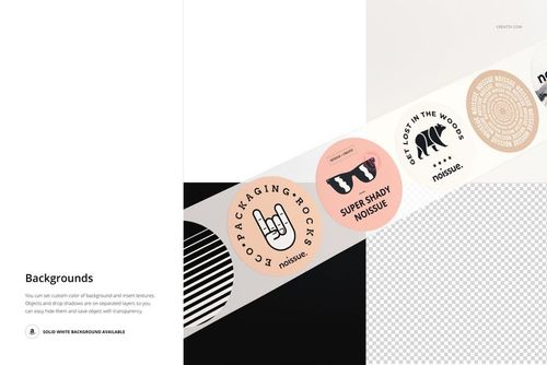 Diagonal strip of round stickers featuring different patterns and text, shown in a packaging mockup on a light surface.