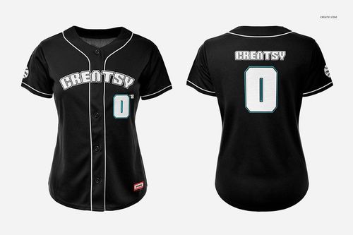 Black women's baseball jersey mockup featuring button-up front, white stripes, and bold lettering, displayed from two angles.