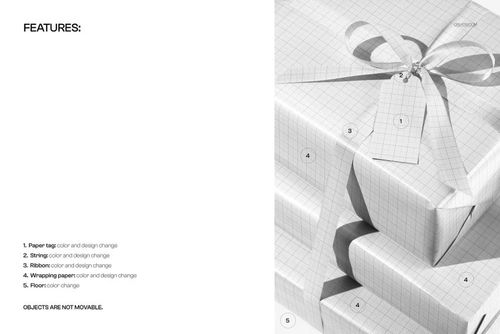 Top view of three Christmas presents wrapped in grid paper, decorated with ribbon and a numbered gift tag mockup.