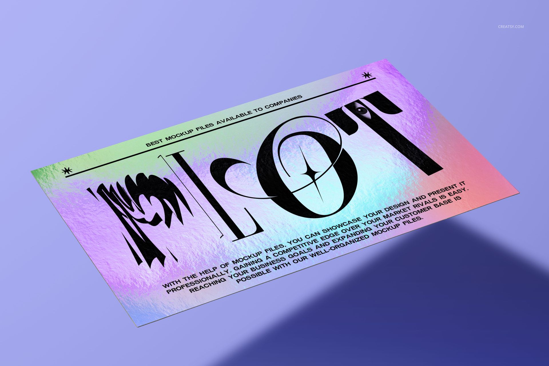 Rectangular holographic business card mockup displayed at an angle on a light purple surface with bold black text.