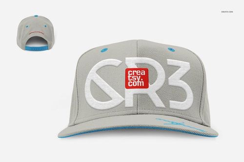 Snapback cap mockup in light gray with blue details, front view displays large white lettering and a red logo patch.