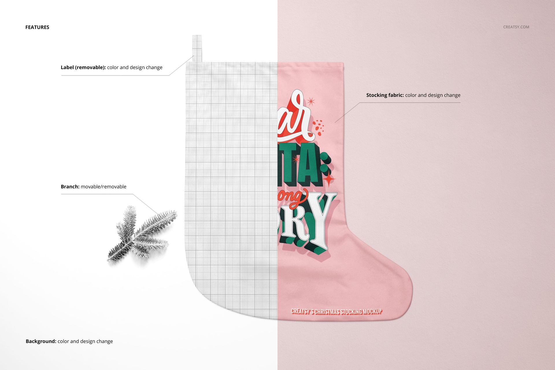 Christmas stocking mockup showing a pink stocking with festive lettering on a light background, split to reveal editable layers.