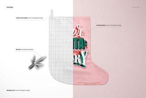 Christmas stocking mockup showing a pink stocking with festive lettering on a light background, split to reveal editable layers.
