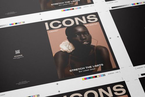 8.5x11 magazine mockup featuring a cover with bold text and geometric design, shown in a print layout with color bars.