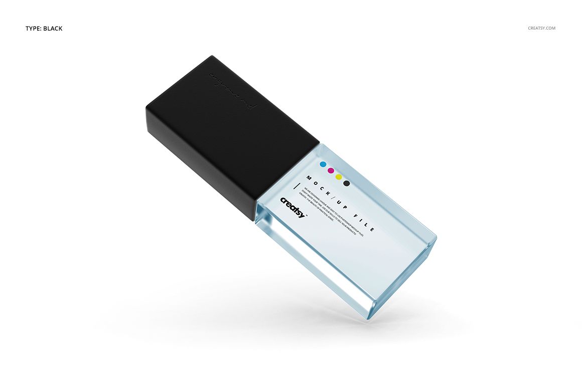 Modern acrylic USB drive mockup featuring a clear rectangular body and solid black cover, isolated on white.