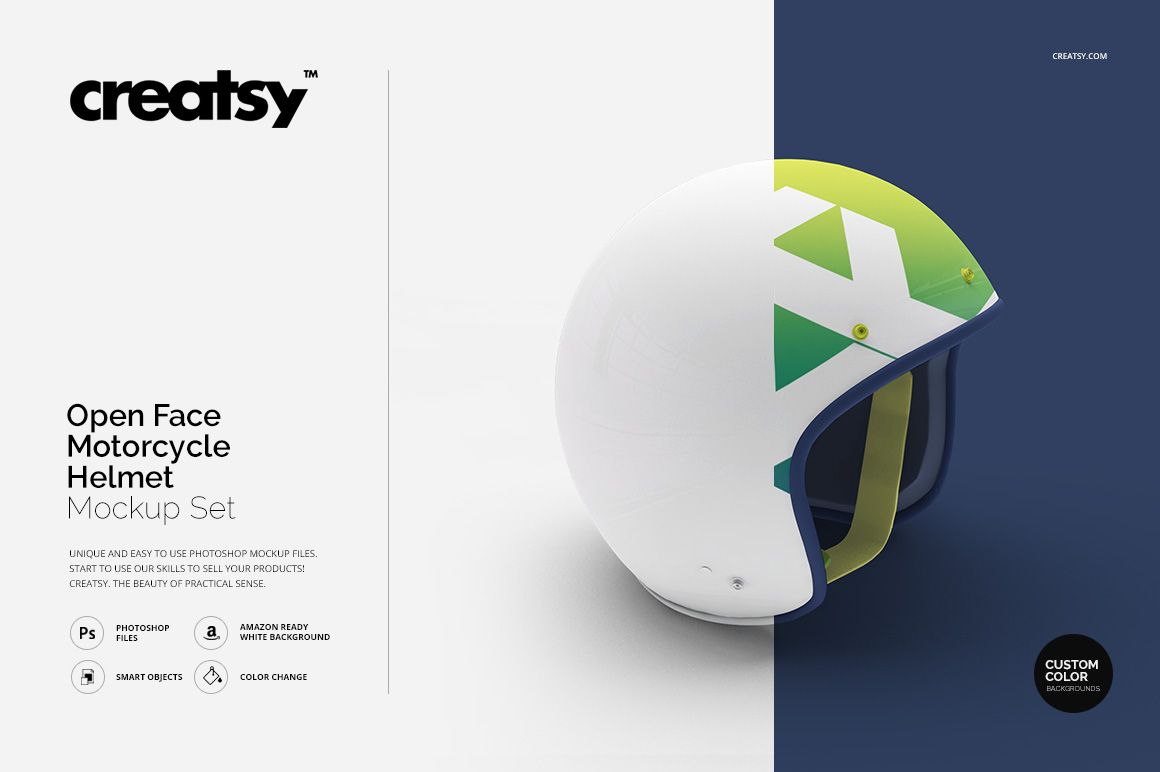 PSD mockup of an open face motorcycle helmet, white with green and blue shapes, set against a minimalist background.