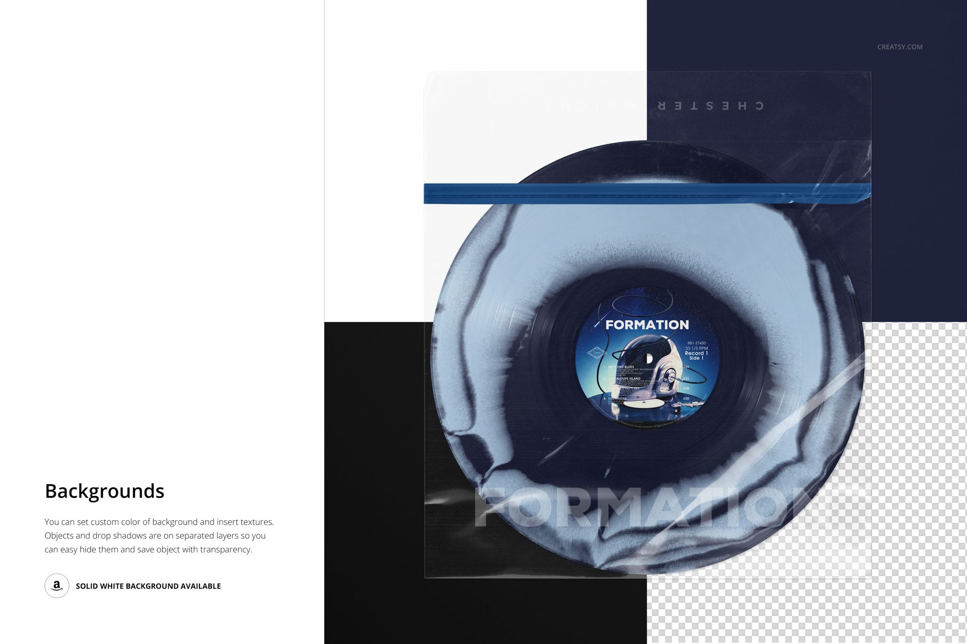 Vinyl record sleeve mockup featuring a clear cover and abstract backgrounds in black, white, and blue tones.