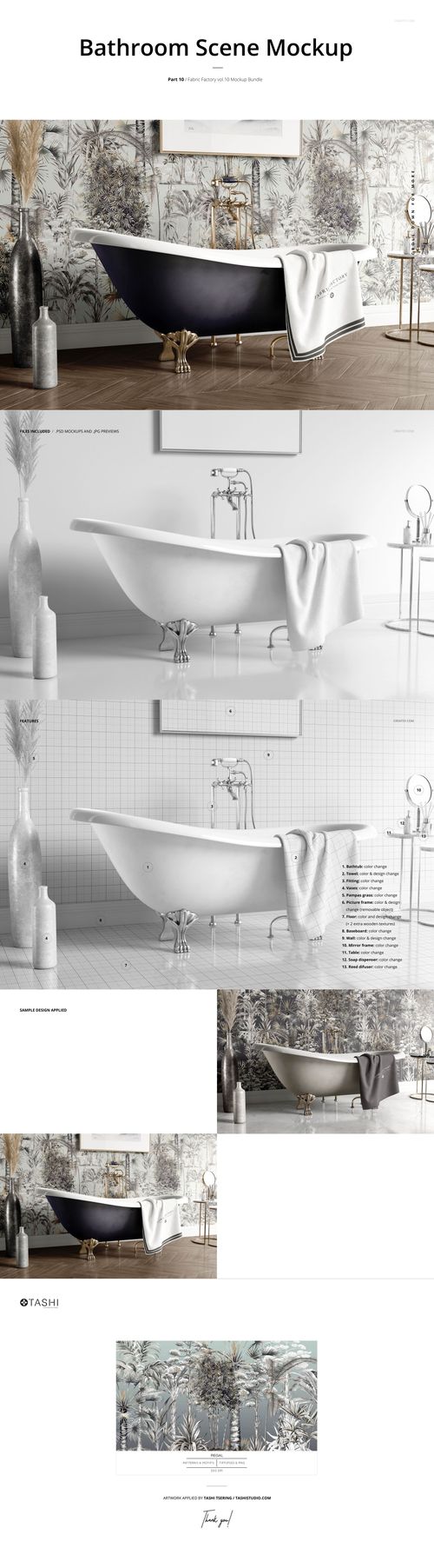 Bathroom mockup scene featuring a freestanding bathtub with a towel draped over the side, floral wallpaper, and decorative vases.