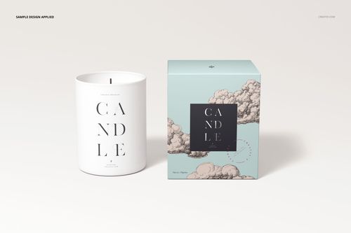 Cotton wick candle mockup showing a minimalist white candle jar next to a pastel box with artistic cloud designs.