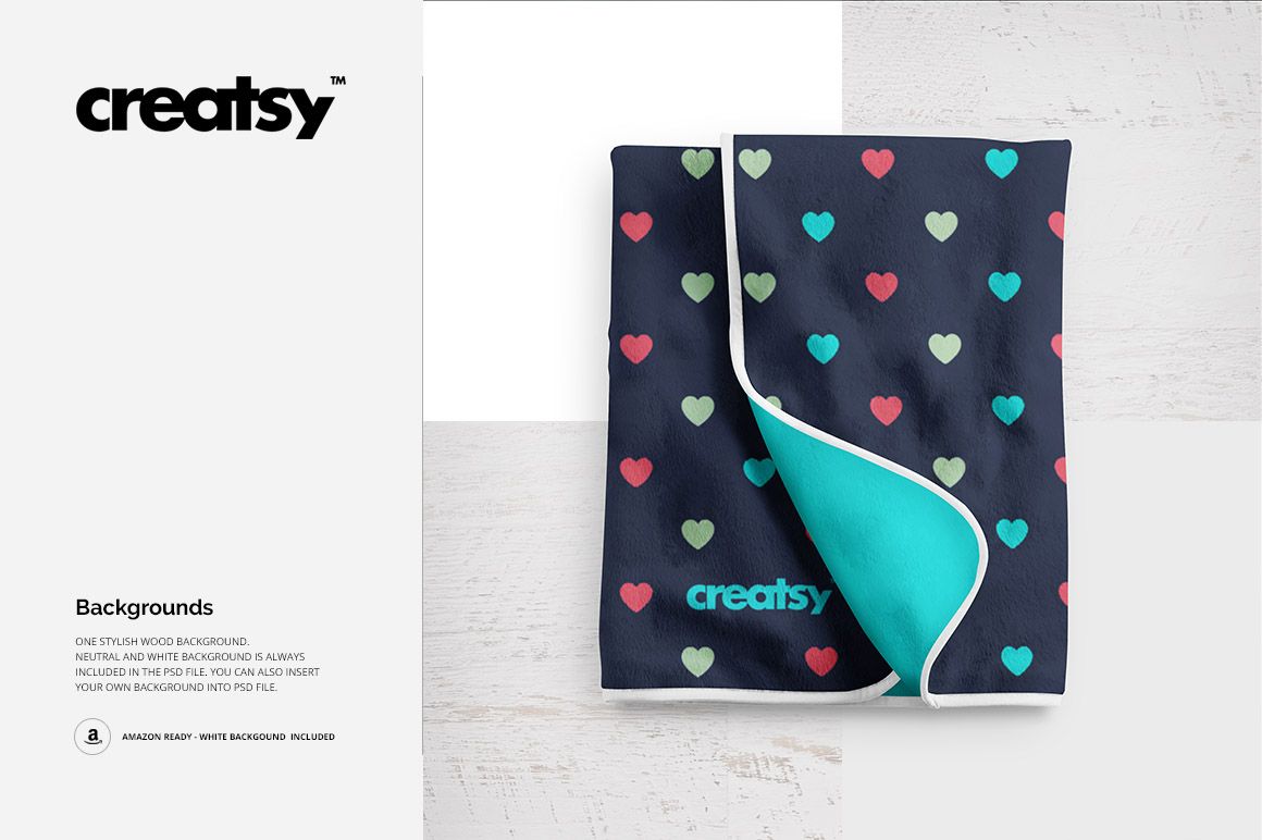 Top view of a baby fleece blanket mockup featuring a navy base with colorful heart prints and white trim.