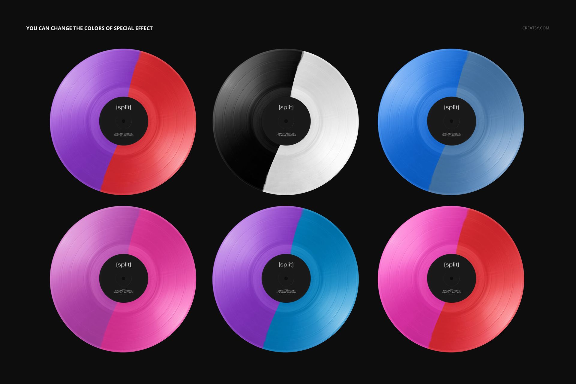 PSD mockup featuring six vinyl records with half-and-half color designs, arranged in two rows against a dark backdrop.