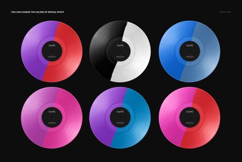 PSD mockup featuring six vinyl records with half-and-half color designs, arranged in two rows against a dark backdrop.