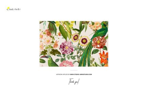 Floral and bird print crepe de chine silk scarf mockup shown in a flat layout with colorful details.