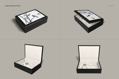 Rectangular ceramic tiled wood jewelry box mockup set in various sizes, shown from multiple angles on a neutral background.