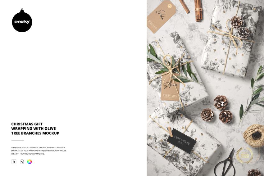 PSD mockup showing Christmas gifts with botanical wrapping, olive branches, pinecones, and festive twine on a light surface.