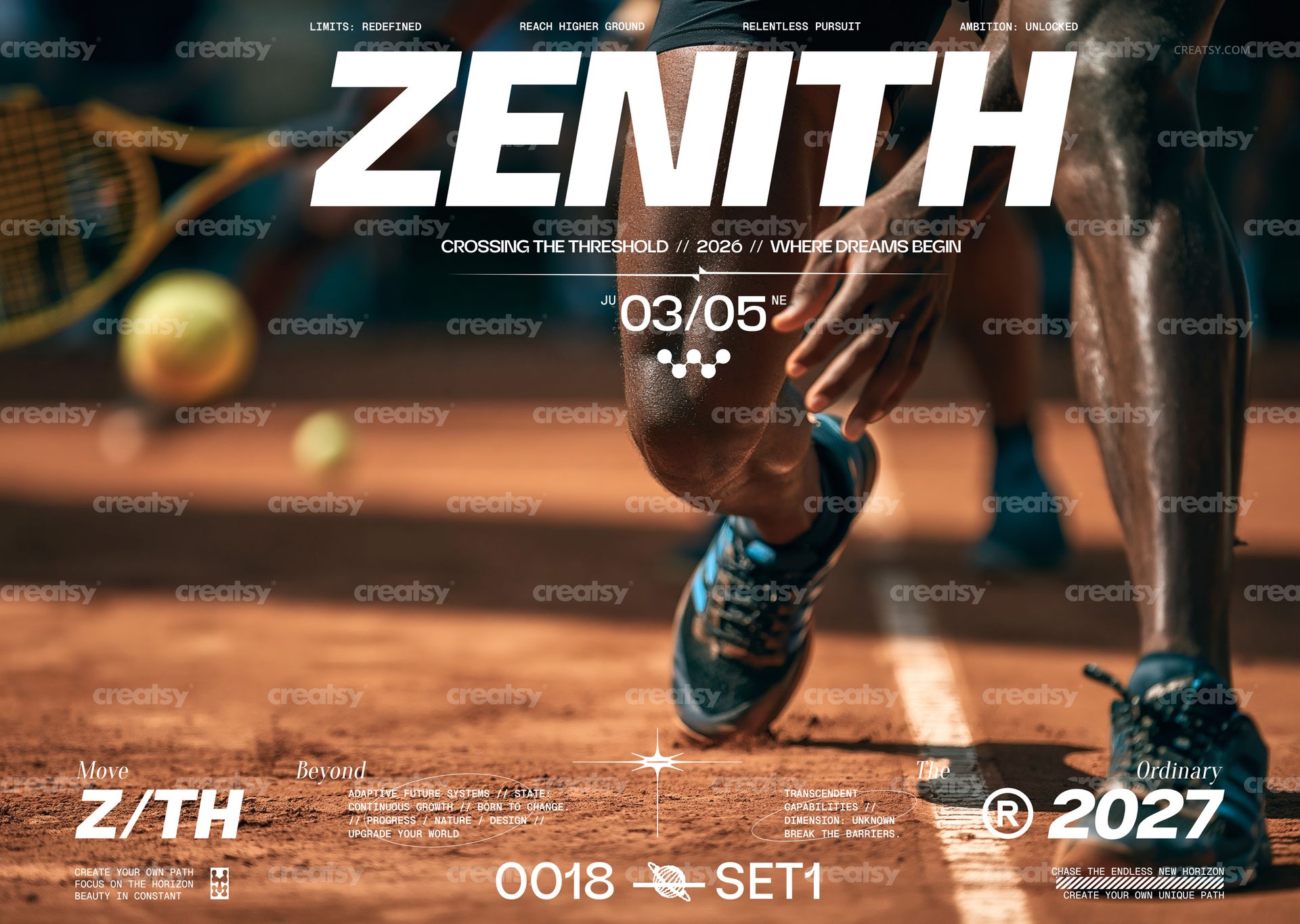 Poster mockup showing a close-up of a runner's legs on a clay track with tennis players and rackets in the background.