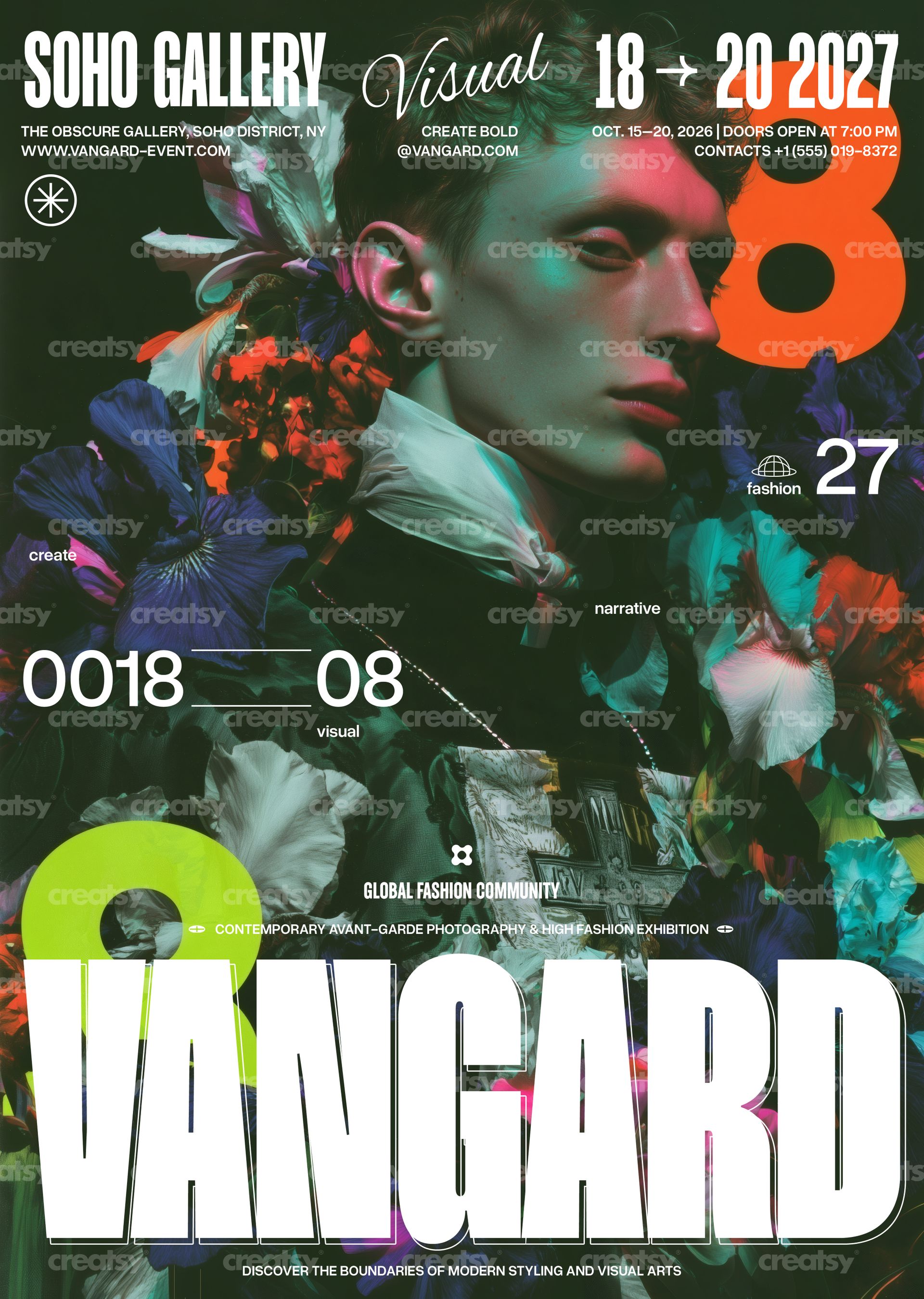PSD mockup of a poster with vibrant flowers, neon colors, and a model in dramatic lighting and artistic typography.