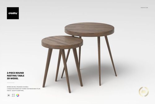 Two-piece round nesting tables with wooden tops and angled legs, displayed on a light background in a front view.