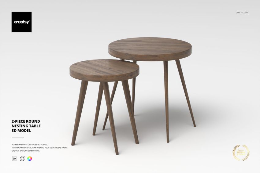 Two-piece round nesting tables with wooden tops and angled legs, displayed on a light background in a front view.