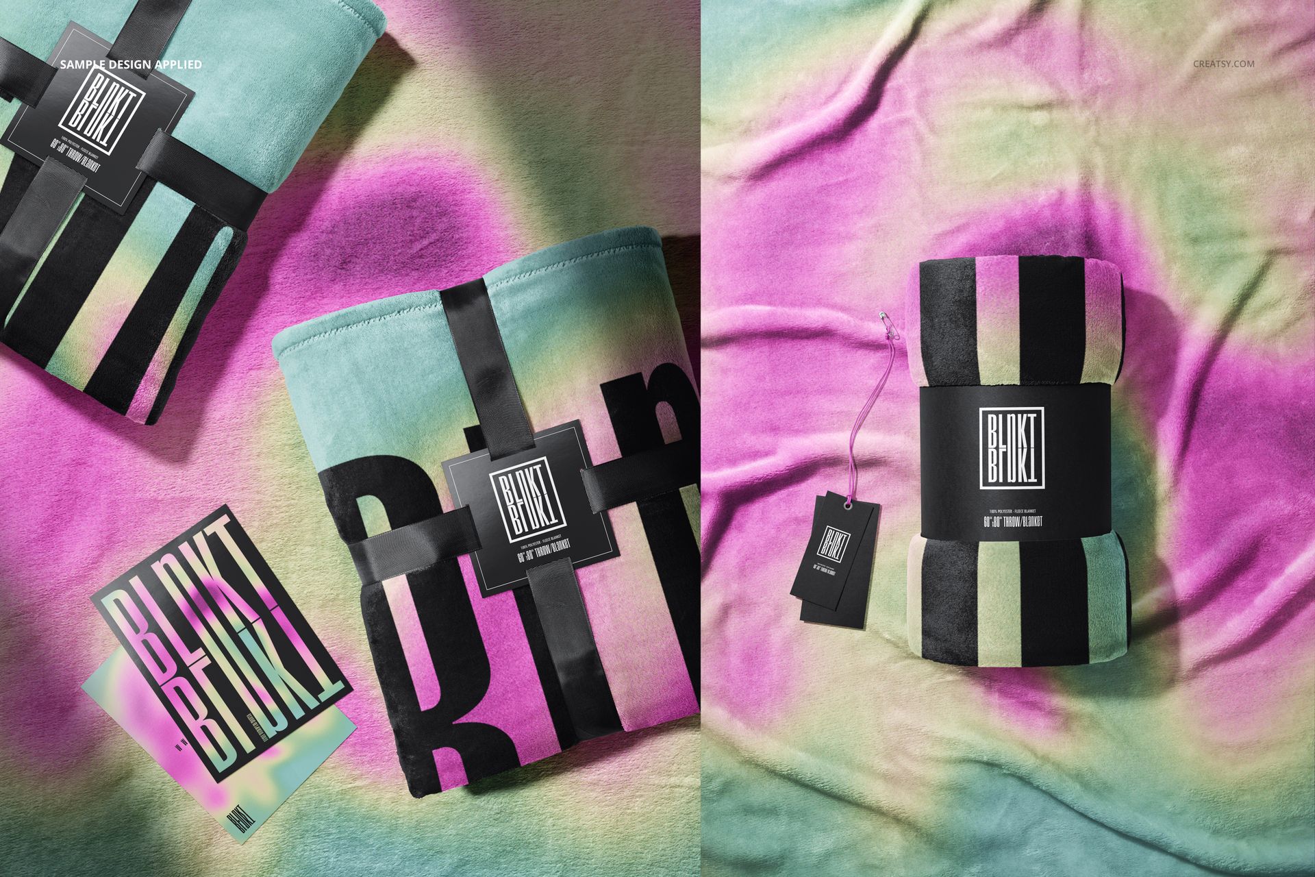 Fleece blanket mockup featuring a rolled blanket with black label and a flat blanket in pastel pink, green, and yellow gradient.