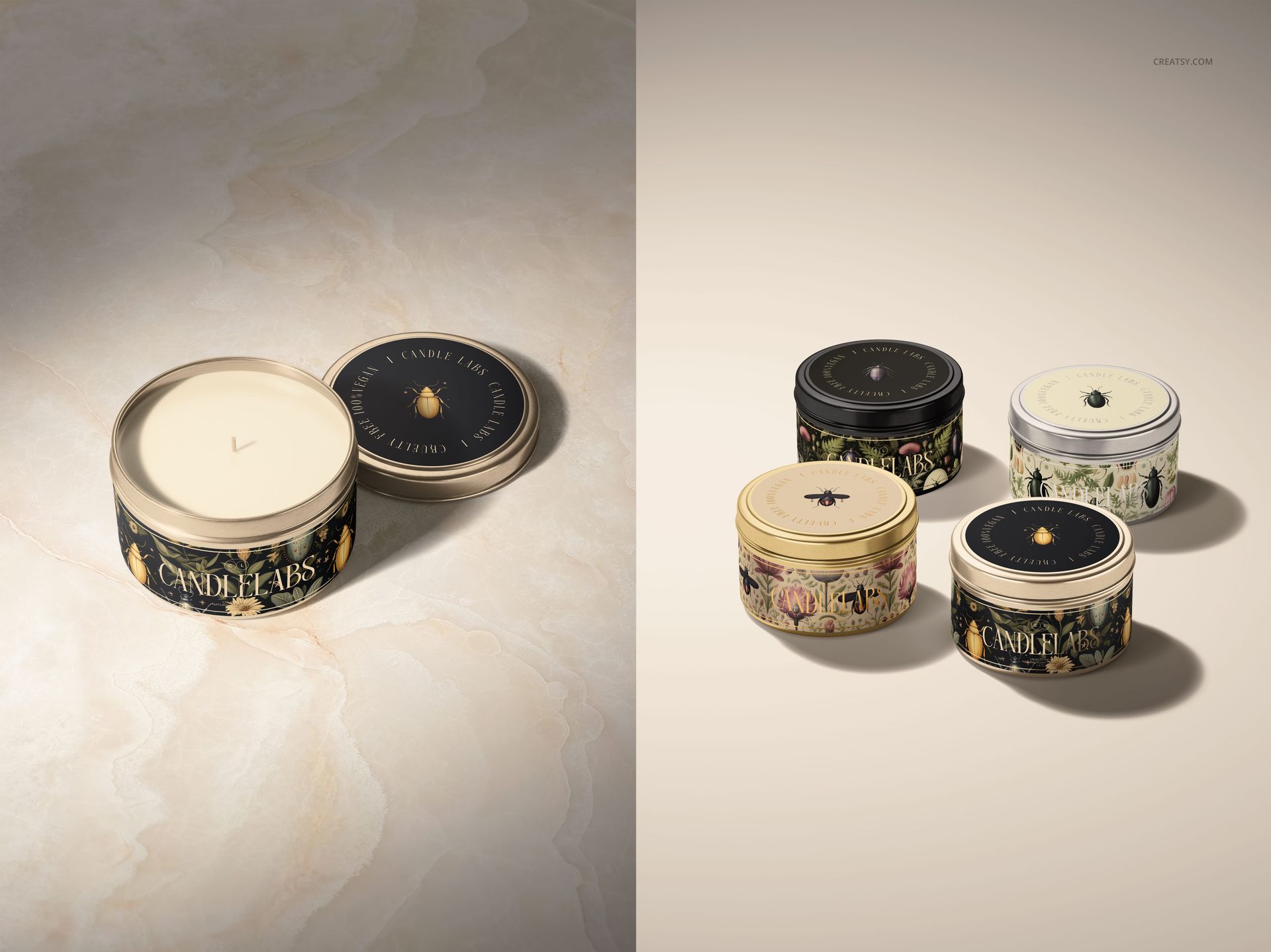 Candle tin mockup featuring open and closed containers, each with unique designs and cotton wicks, on a beige surface.