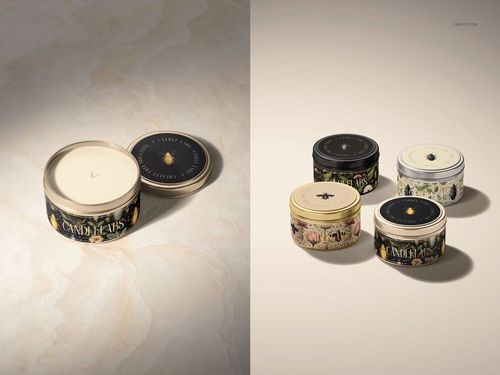 Candle tin mockup featuring open and closed containers, each with unique designs and cotton wicks, on a beige surface.