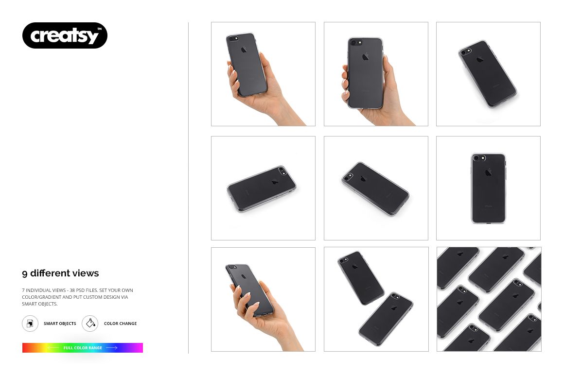Clear iPhone 7 case mockup set showing multiple angles, including close-ups and hand-held views against a white background.