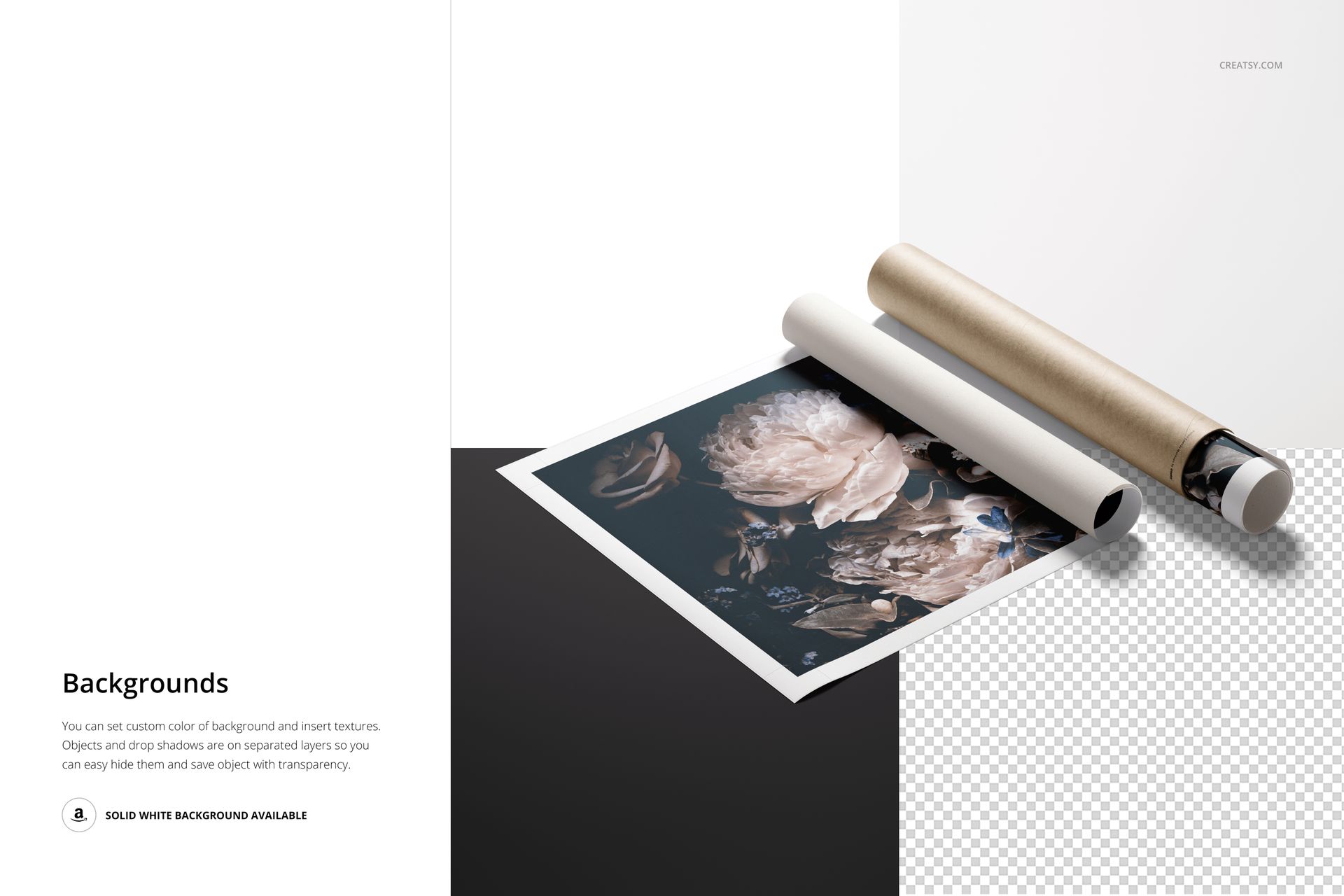 Rolled canvas print mockup showing a floral design next to a cylindrical paper tube, viewed from above.