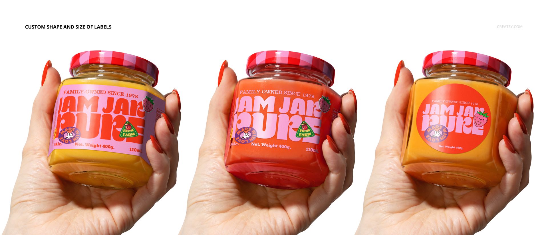 Close-up of a human hand with orange nails holding a jam jar mockup, featuring a bright label and patterned lid.